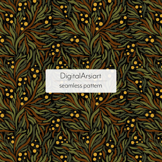 Dark botanical. Green and brown forest seamless pattern. 