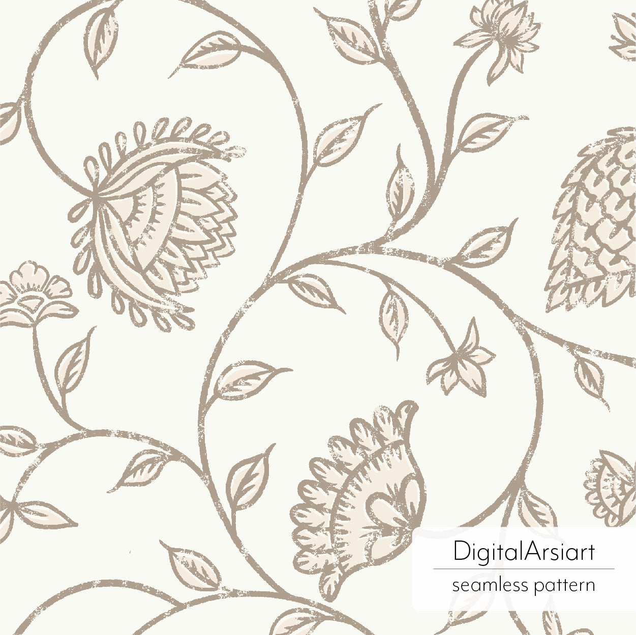 Neutral beige block print traditional upholstery. Indian natural floral seamless pattern. 